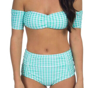 Lauren James Gingham Off The Shoulder Bandeau Bikini Top Aqua